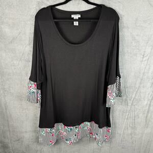 Catherines Top Womens 1X Black Floral Stretch Layered Lagenlook Boho Lightweight